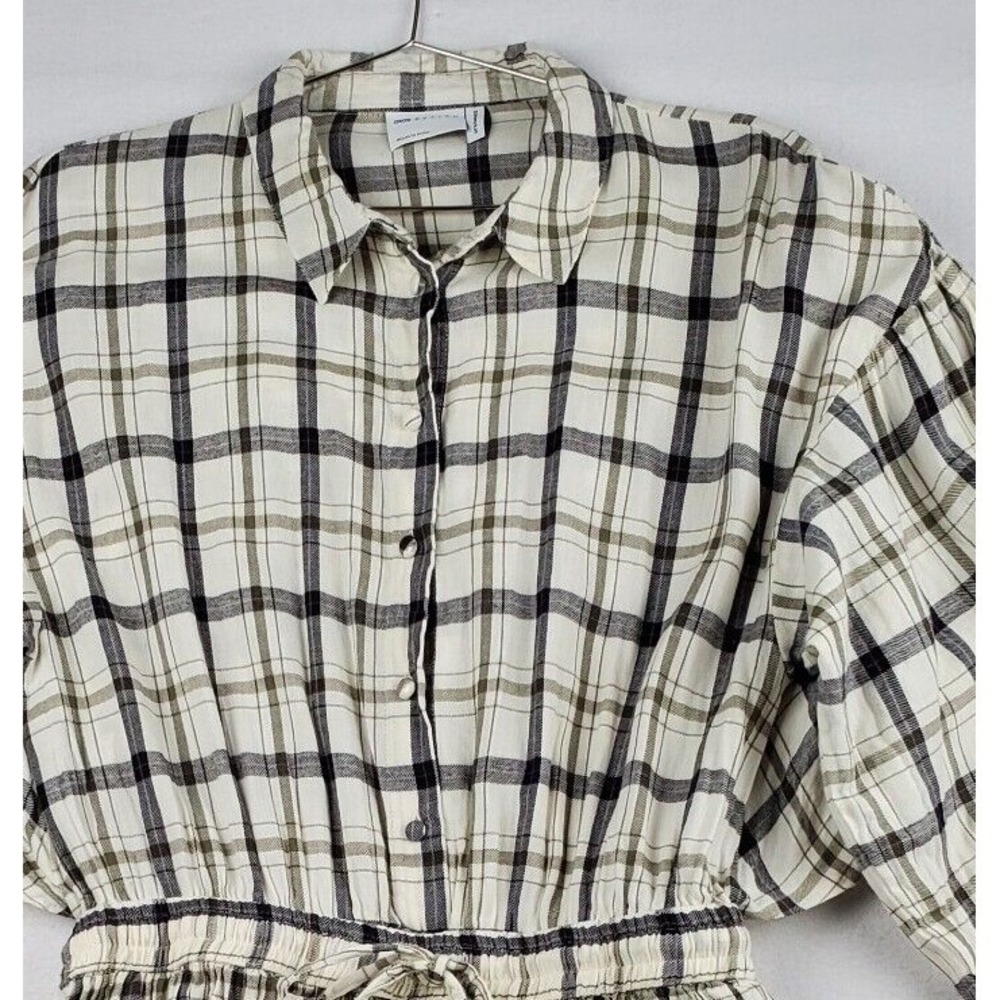Asos Design Mini Skater Shirt Dress Women 12 CreamBlack Plaid Cotton Drawstring - Picture 3 of 16